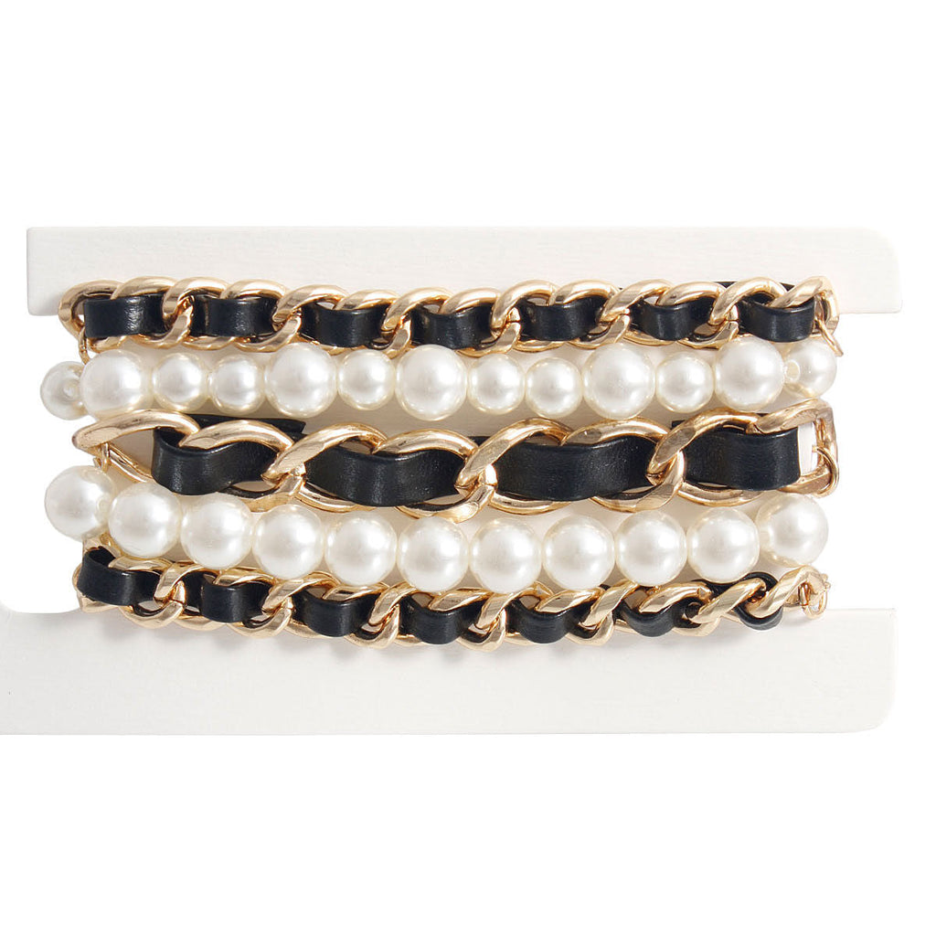 Bracelet Set 5 Pcs Gold Chain Pearl Trendy Layered Jewelry