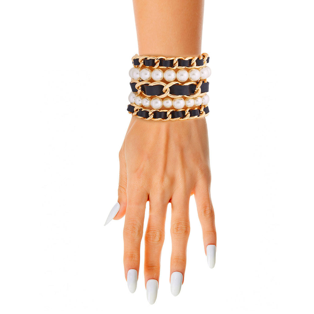 Bracelet Set 5 Pcs Gold Chain Pearl Trendy Layered Jewelry