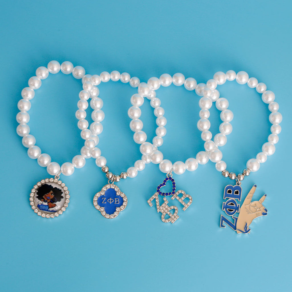 Pearl Bracelet with 5 White Pearls and Blue Zeta Sorority Accent – Stylish Statement Jewelry