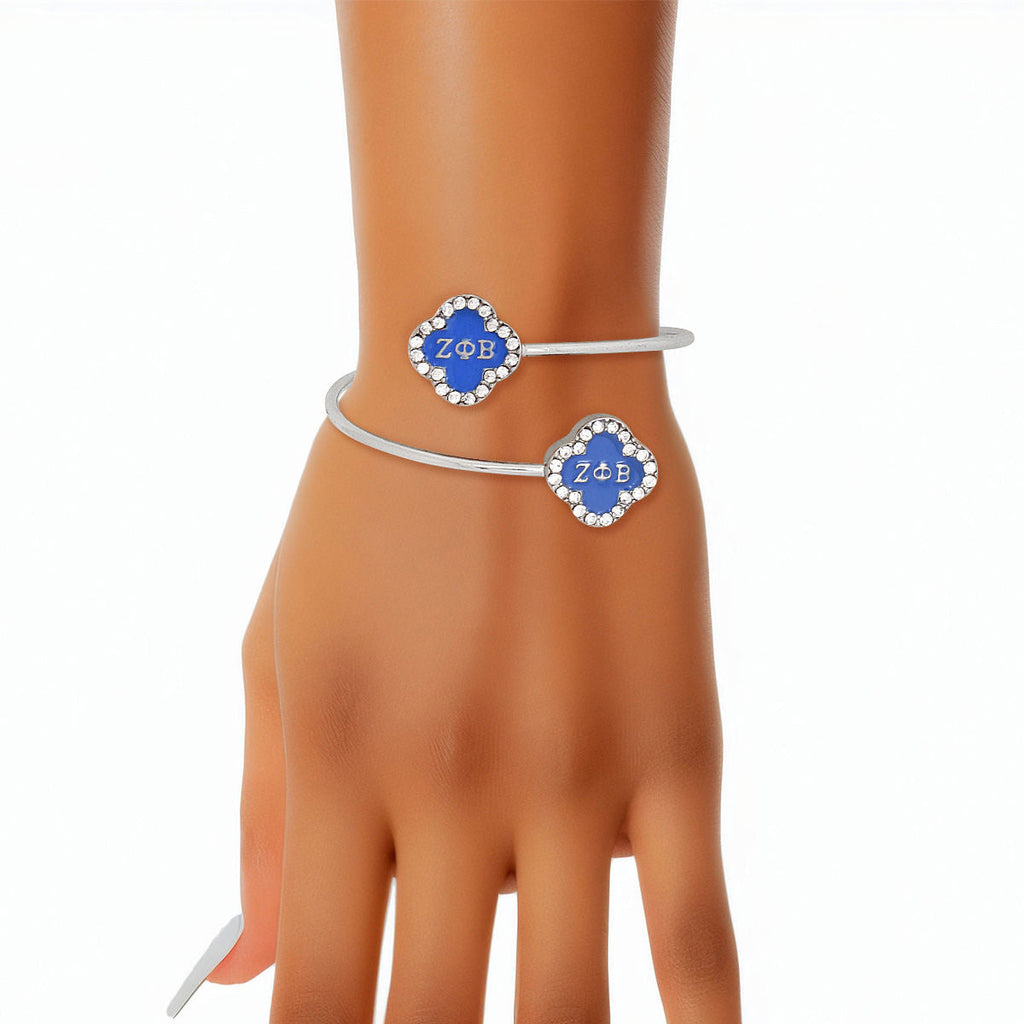 Open Bangle Bracelet with Blue Clover Rhinestone Accent – Stylish Sorority Jewelry