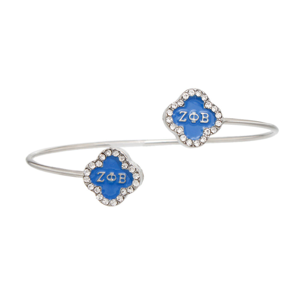 Open Bangle Bracelet with Blue Clover Rhinestone Accent – Stylish Sorority Jewelry
