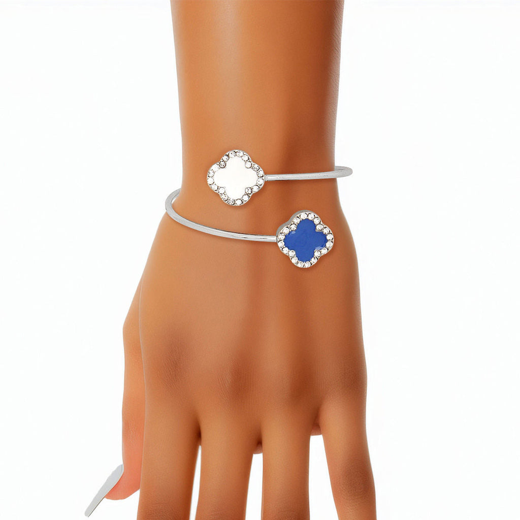 Open Bangle Bracelet with Blue and White Stone Clover – Trendy Sorority Jewelry