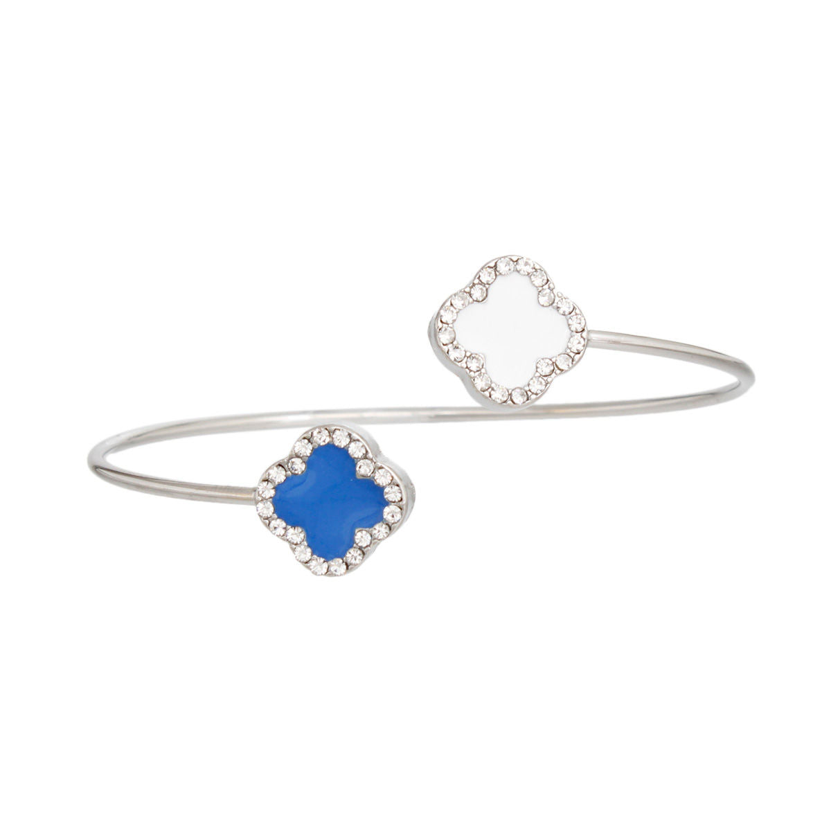 Open Bangle Bracelet with Blue and White Stone Clover – Trendy Sorority Jewelry