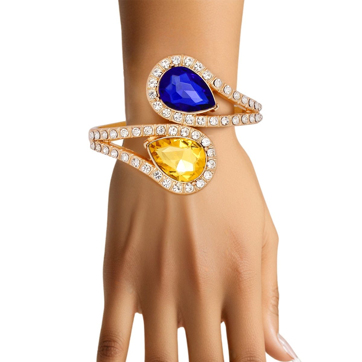 Crystal Teardrop Cuff Bracelet Blue and Gold Stylish Statement Jewelry