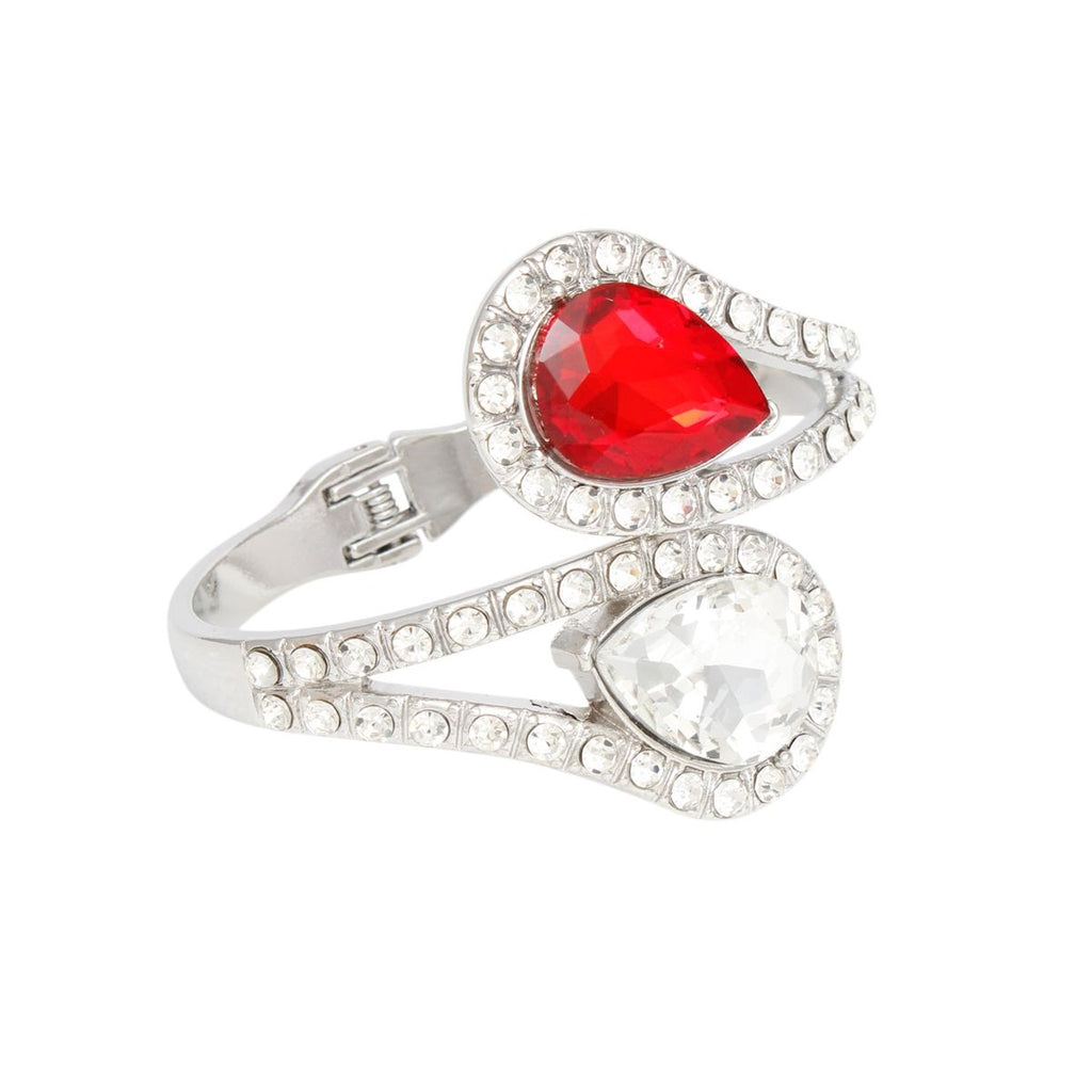 Statement Cuff Bracelet with Red and Clear Teardrop Crystals, Trendy Fashion Jewelry