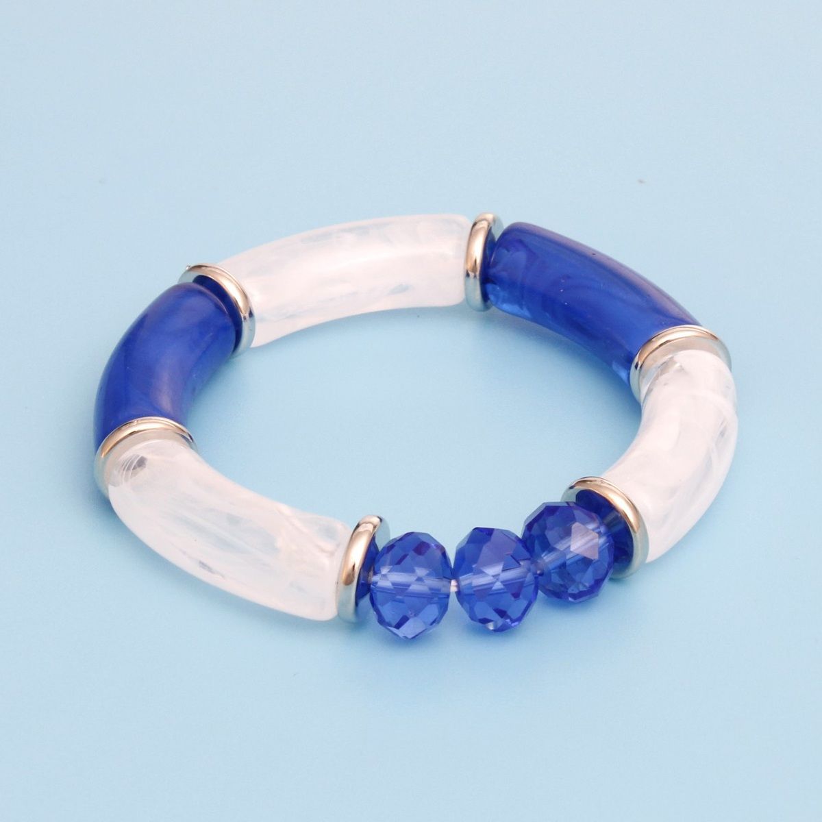 Beaded Tubular Bracelet Blue White Stylish Glass Bead Jewelry