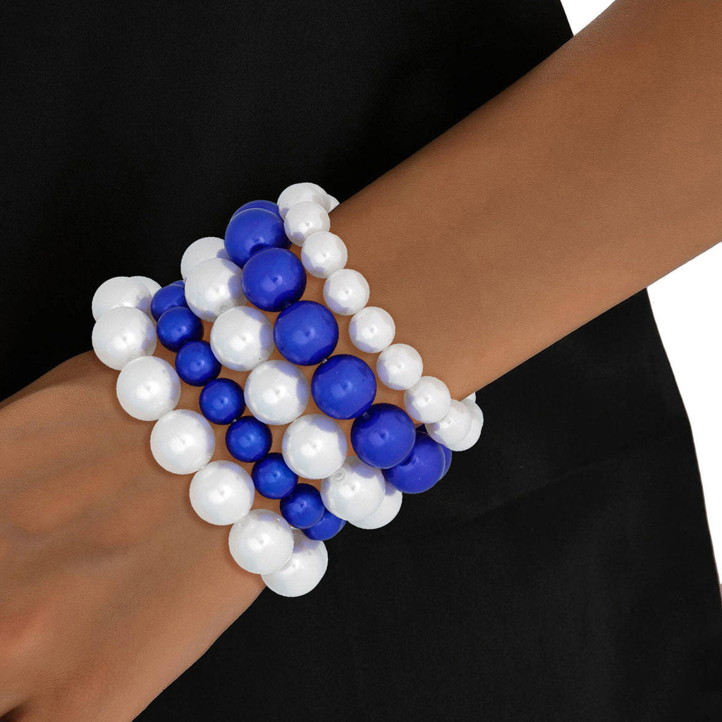 Women’s Stretch Pearl Bracelets 5 Pcs Set Blue White Stylish Layered Jewelry