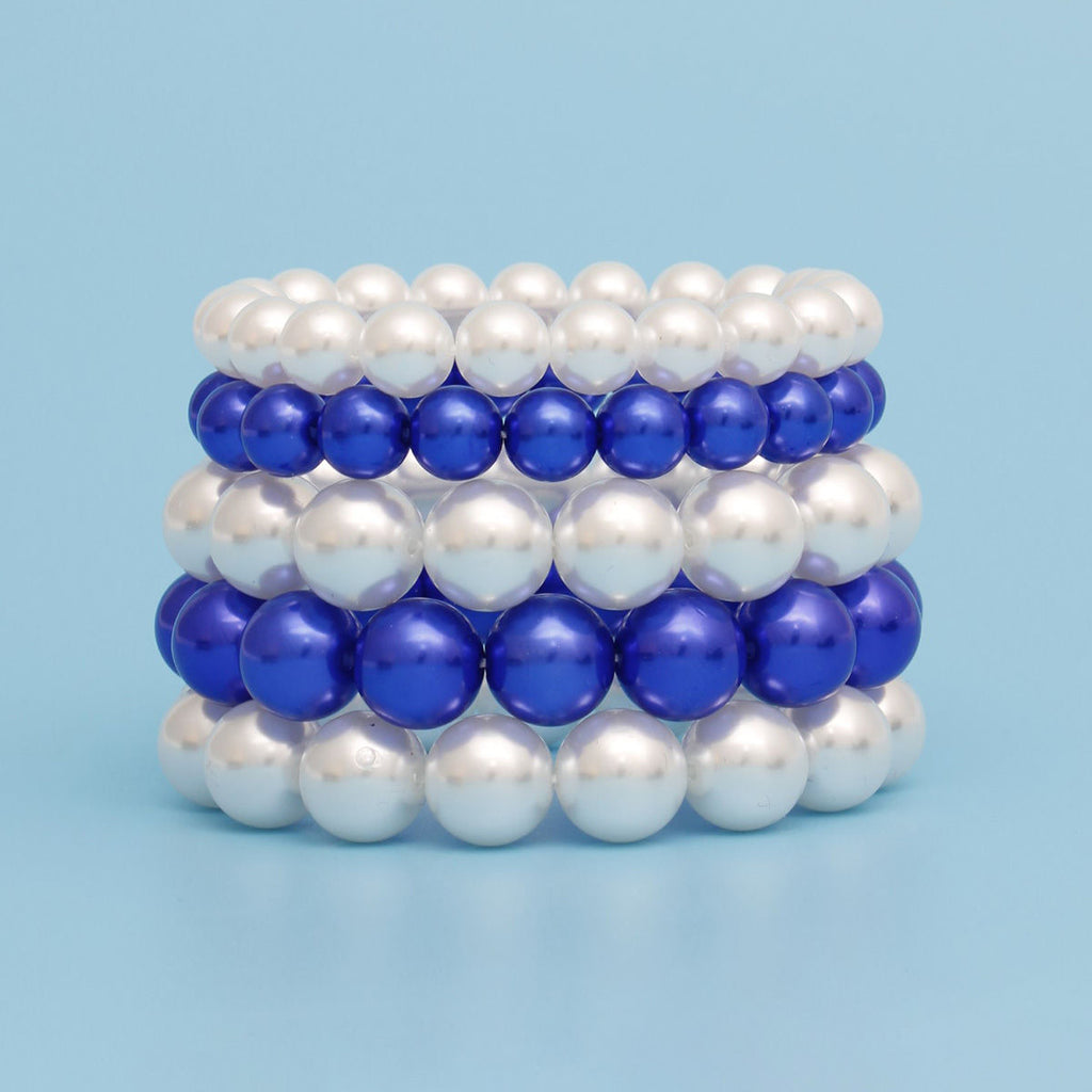 Women’s Stretch Pearl Bracelets 5 Pcs Set Blue White Stylish Layered Jewelry