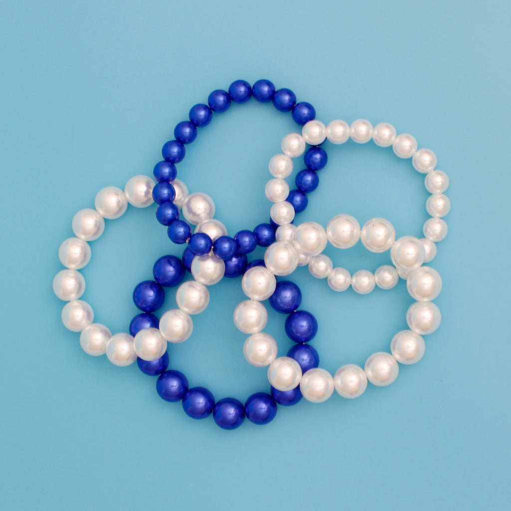 Women’s Stretch Pearl Bracelets 5 Pcs Set Blue White Stylish Layered Jewelry