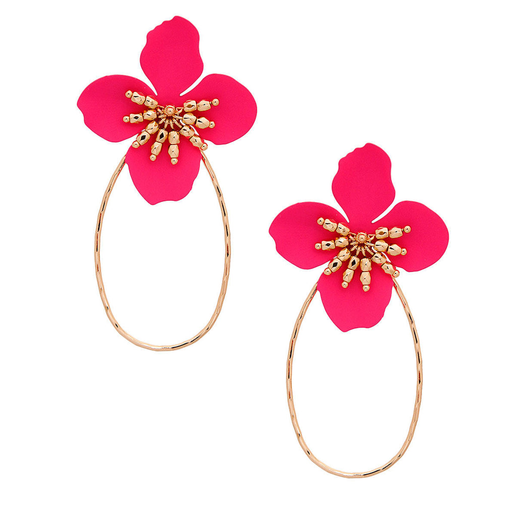 Teardrop Hoop Earrings Fuchsia Flower Stylish Statement Jewelry