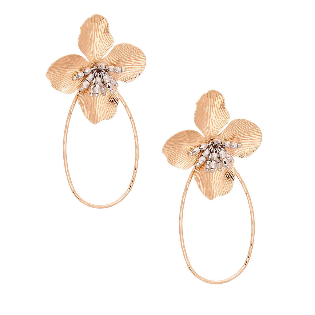 Teardrop Hoop Earrings with Gold Flower Detail – Stylish Statement Jewelry