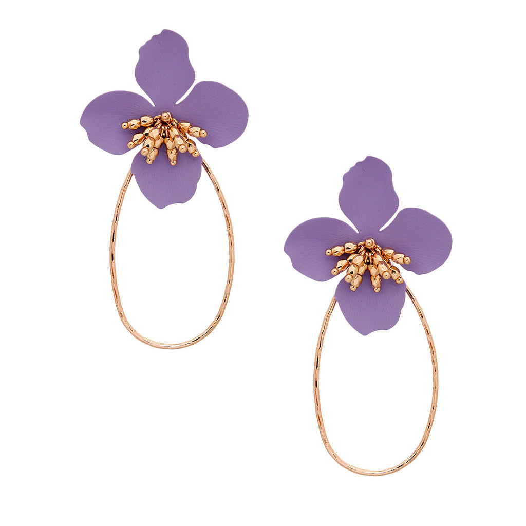Teardrop Hoop Earrings with Lavender Flower Accent – Stylish Statement Jewelry