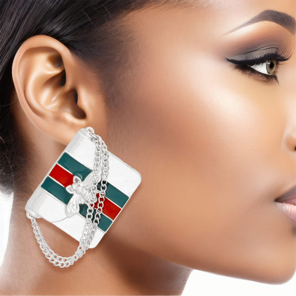 Large Silver Striped Stud Earrings Women’s Fashion Jewelry