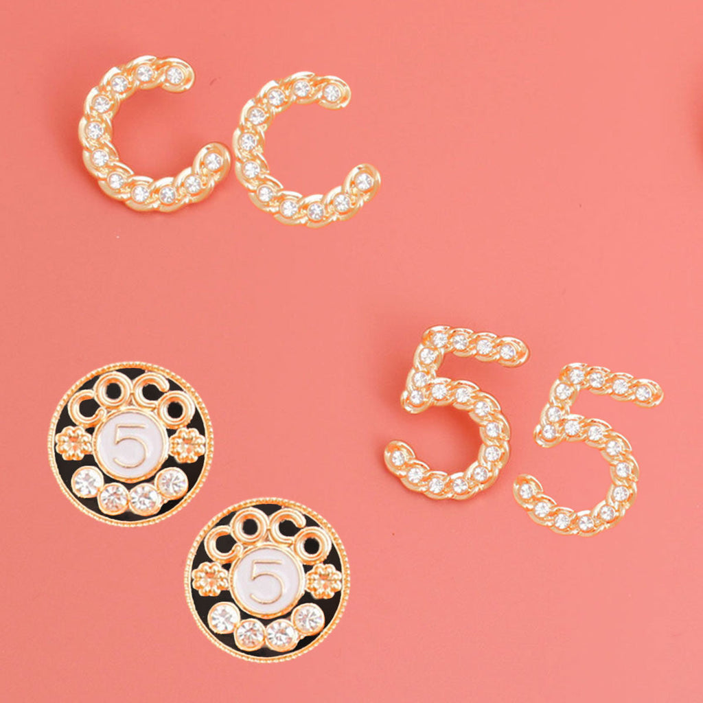 Rhinestone Stud Earring Set 3 Pcs Gold Metal Designer-Inspired Stylish Statement Jewelry
