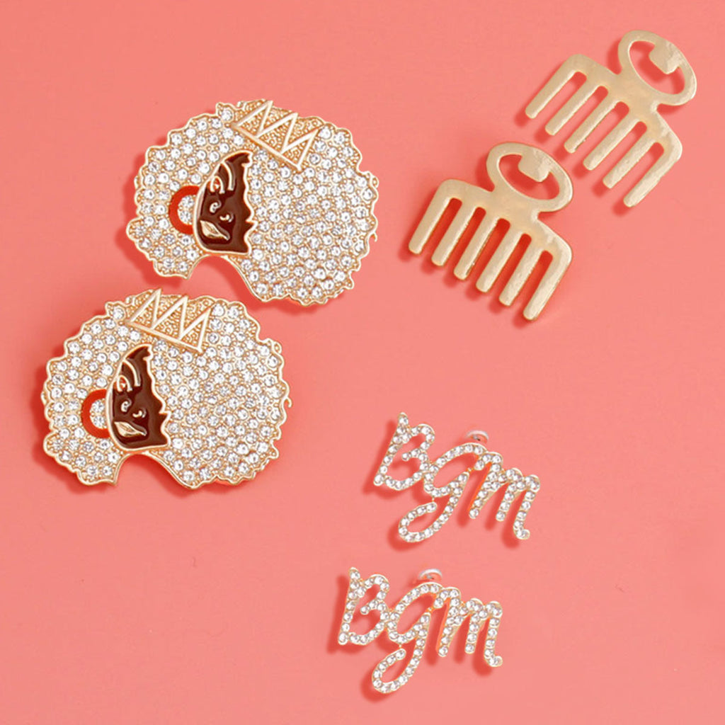 Afro Stud Earrings 3 Pcs Gold Black Girl Stylish Jewelry Set