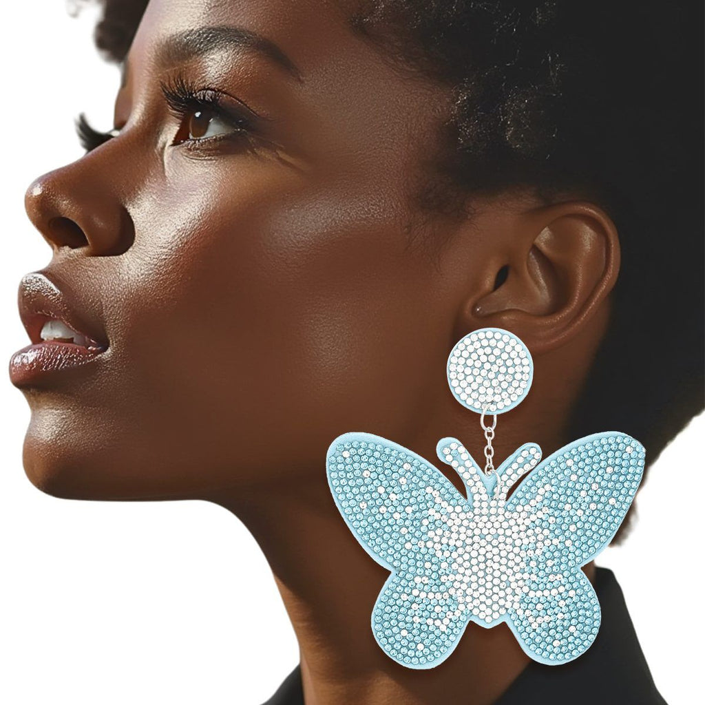 Statement Drop Earrings with Blue Butterfly and Rhinestones