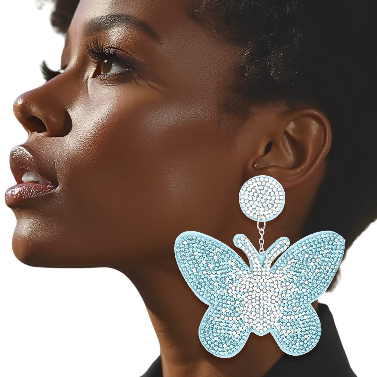 Statement Drop Earrings with Blue Butterfly and Rhinestones