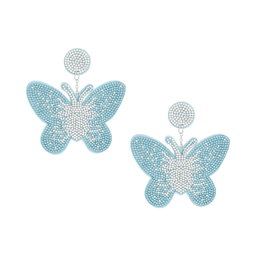 Statement Drop Earrings with Blue Butterfly and Rhinestones