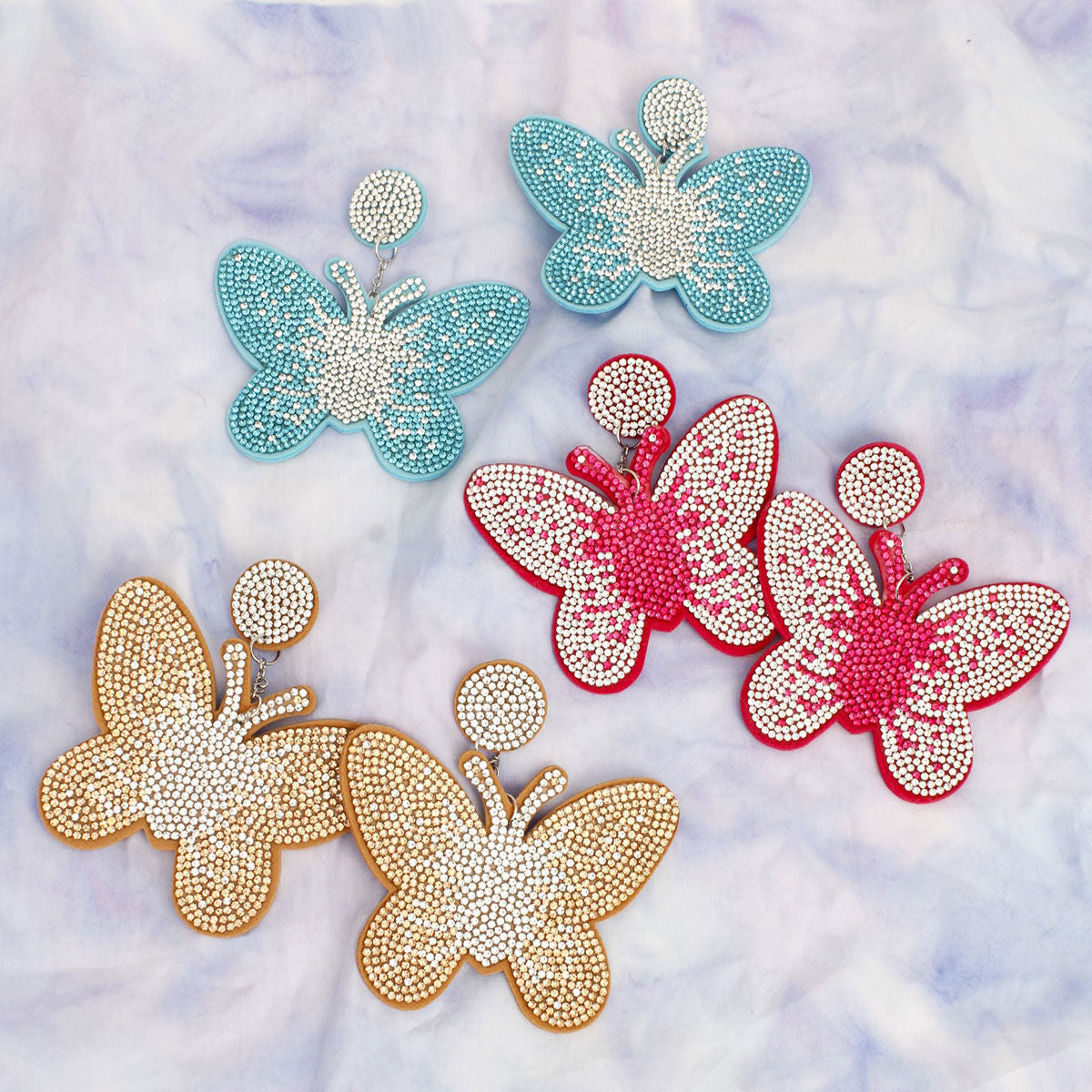 Statement Drop Earrings with Blue Butterfly and Rhinestones
