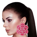 Fabric Flower Stud Earrings with Fuchsia Rhinestone Detail, Stylish Statement Jewelry
