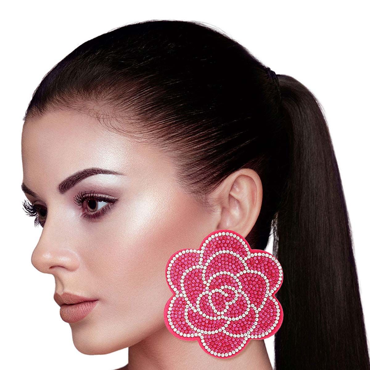 Fabric Flower Stud Earrings with Fuchsia Rhinestone Detail, Stylish Statement Jewelry