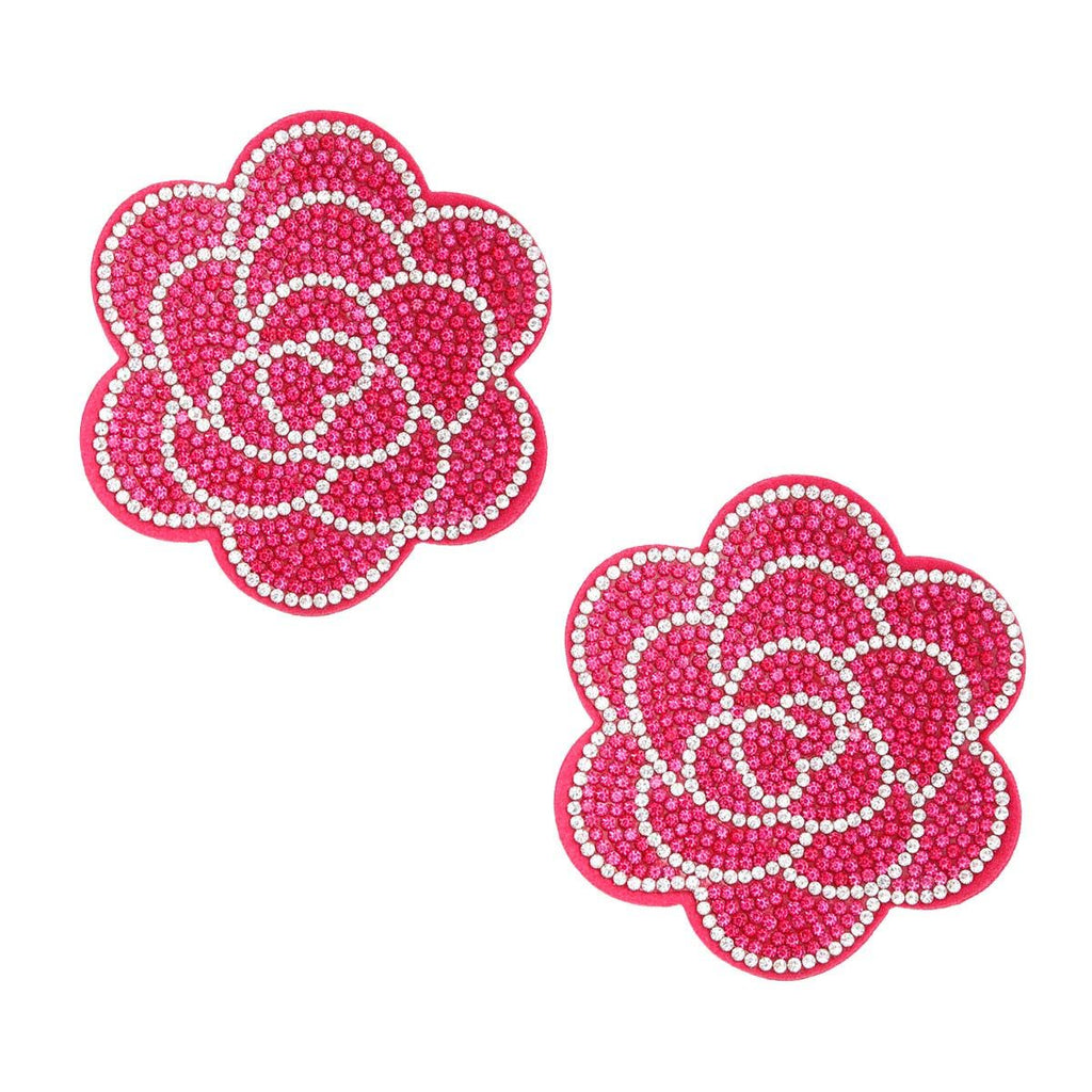 Fabric Flower Stud Earrings with Fuchsia Rhinestone Detail, Stylish Statement Jewelry