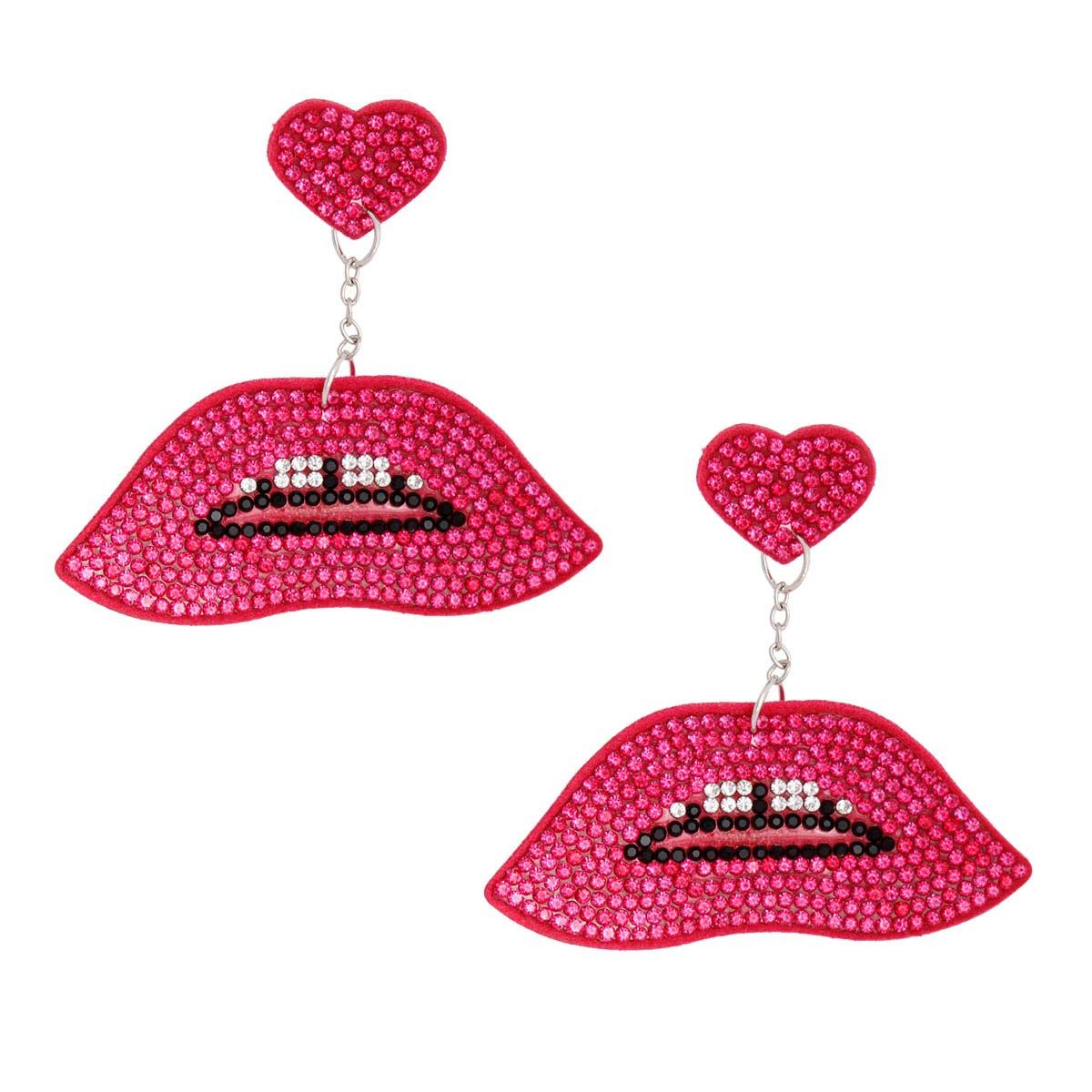 Statement Heart Earrings with Fuchsia Lips Design, Trendy Fashion Jewelry