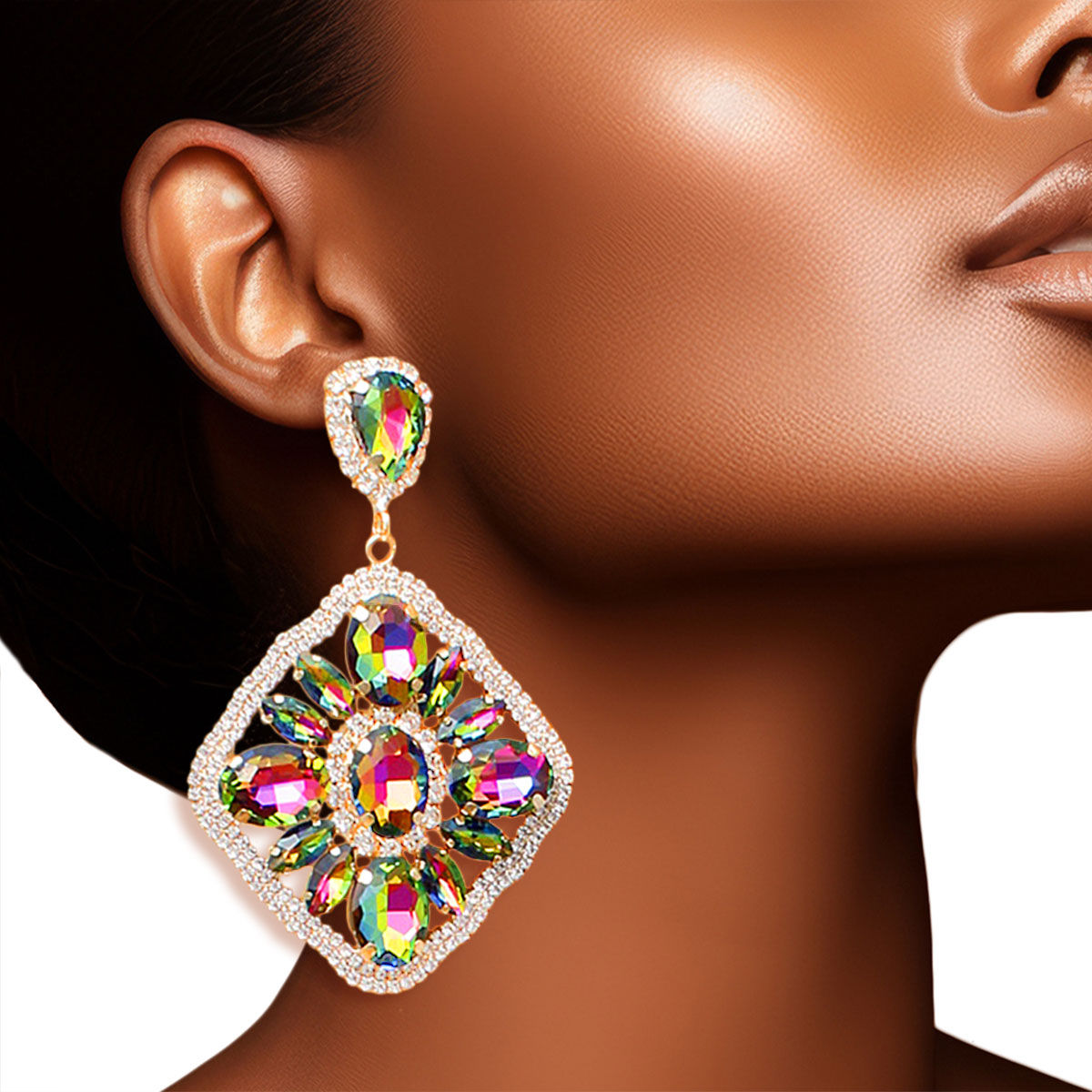 Crystal Diamond Earrings Pink and Green Stylish Fashion Jewelry