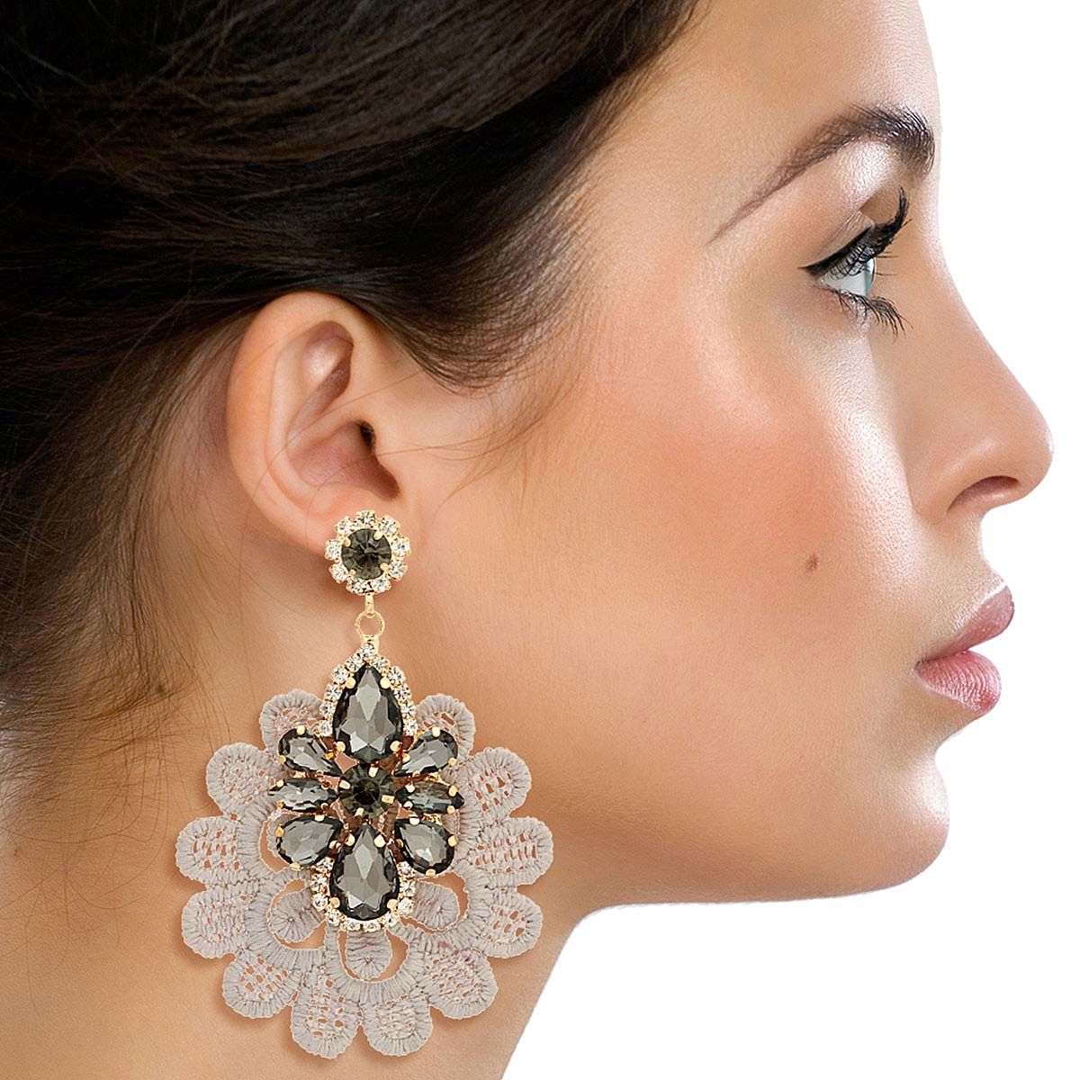 Crystal Lace Earrings Gray Stylish Elegant Statement Jewelry