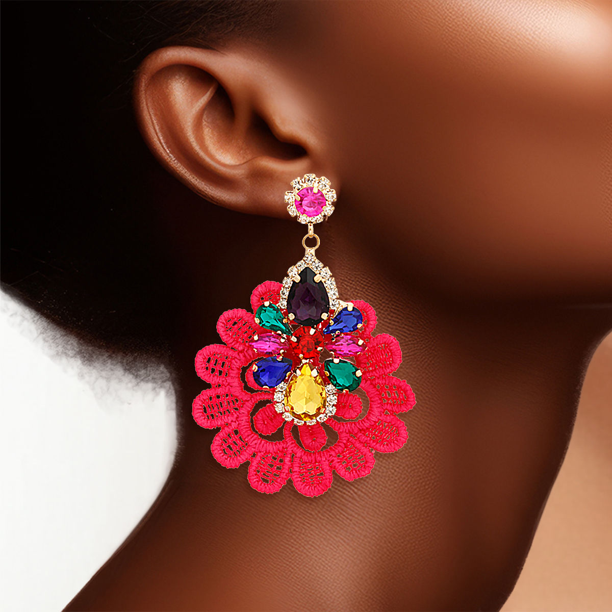 Crystal Lace Fabric Earrings in Pink – Stylish Statement Jewelry