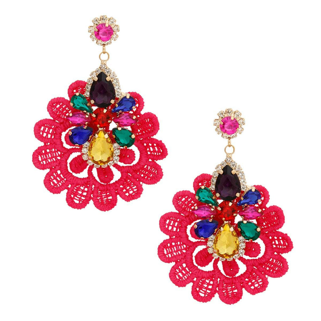 Crystal Lace Fabric Earrings in Pink – Stylish Statement Jewelry