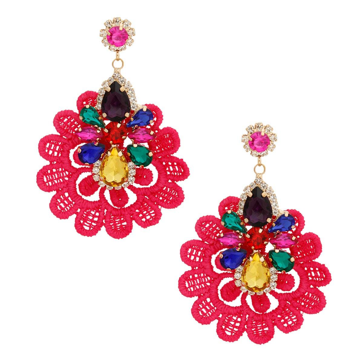 Crystal Lace Fabric Earrings in Pink – Stylish Statement Jewelry