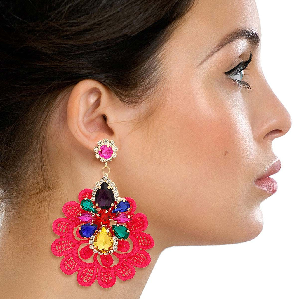 Crystal Lace Fabric Earrings in Pink – Stylish Statement Jewelry