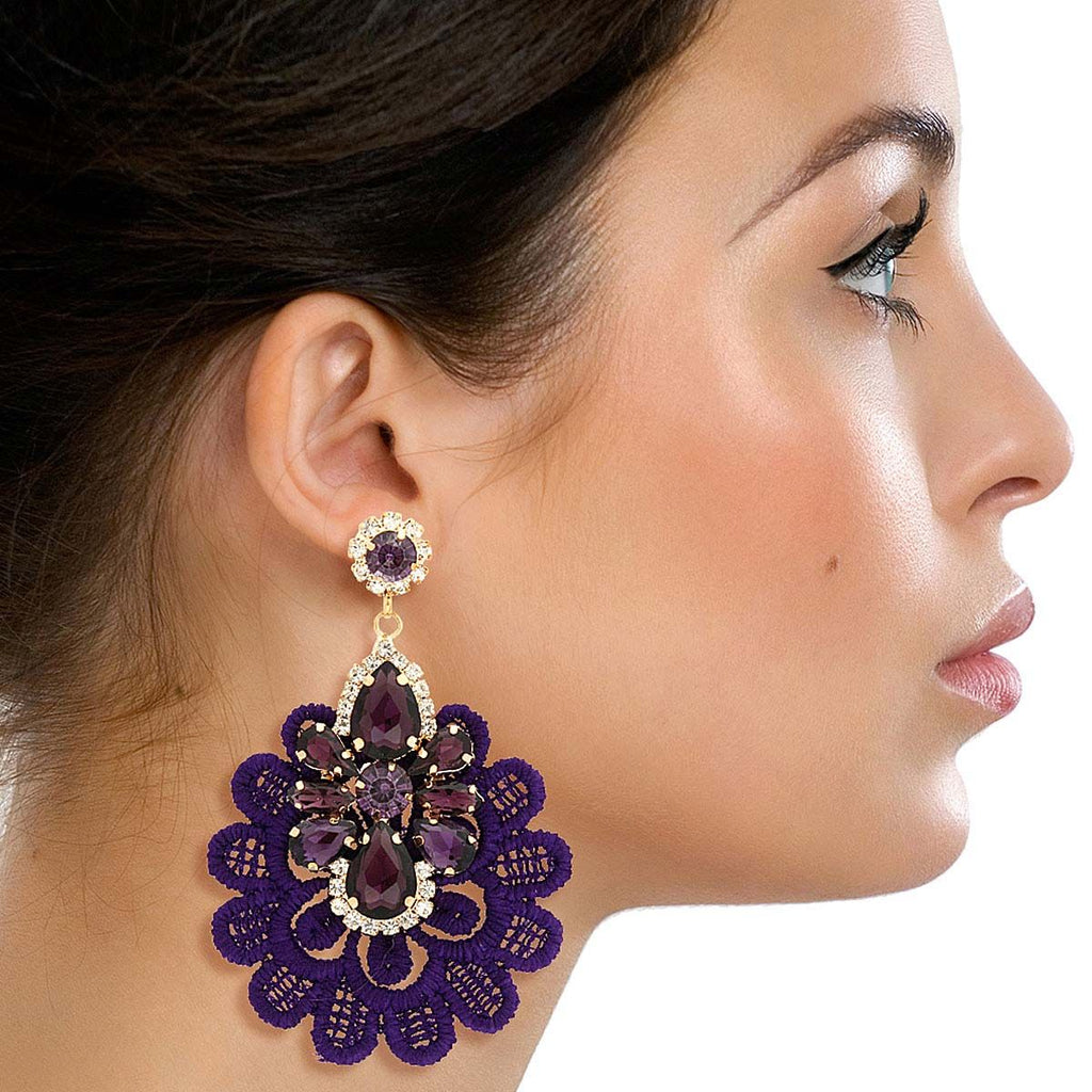 Crystal Lace Earrings Purple Fabric Stylish Statement Jewelry