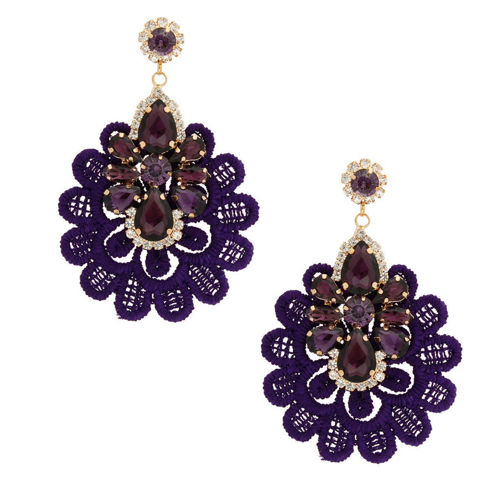 Crystal Lace Earrings Purple Fabric Stylish Statement Jewelry