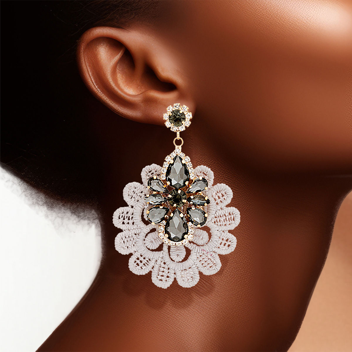 Crystal Lace Earrings Gray Stylish Elegant Statement Jewelry