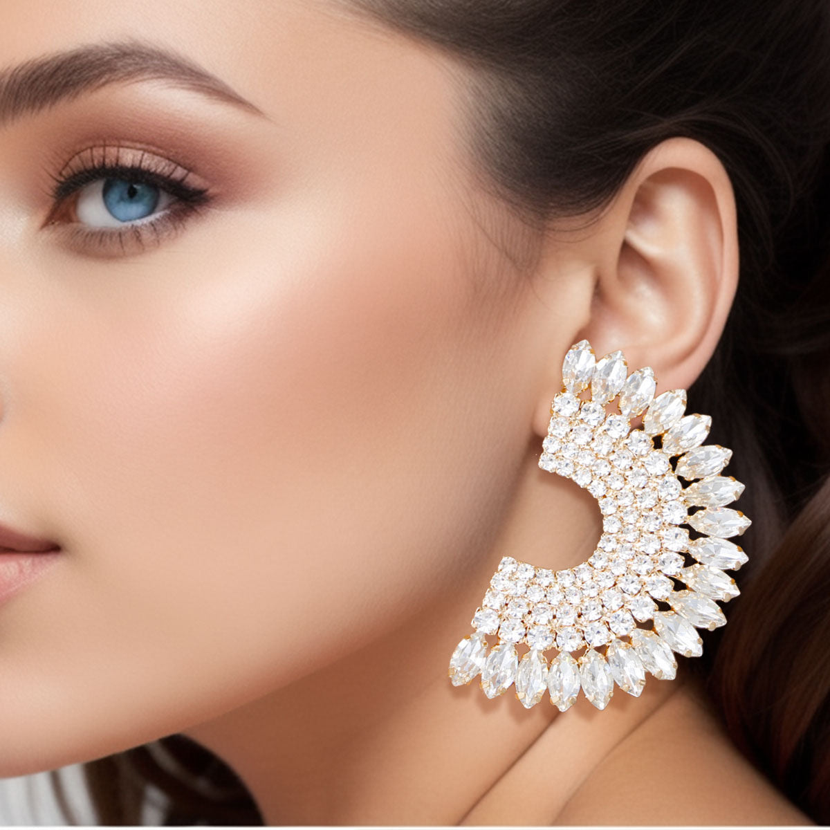Gold Semi Circle Clear Stud Earrings Stylish Fashion Jewelry