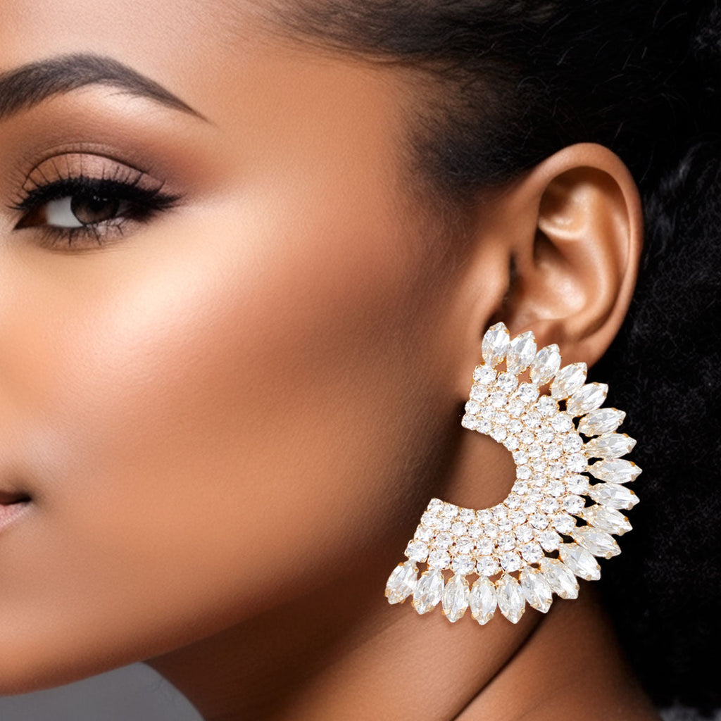 Gold Semi Circle Clear Stud Earrings Stylish Fashion Jewelry