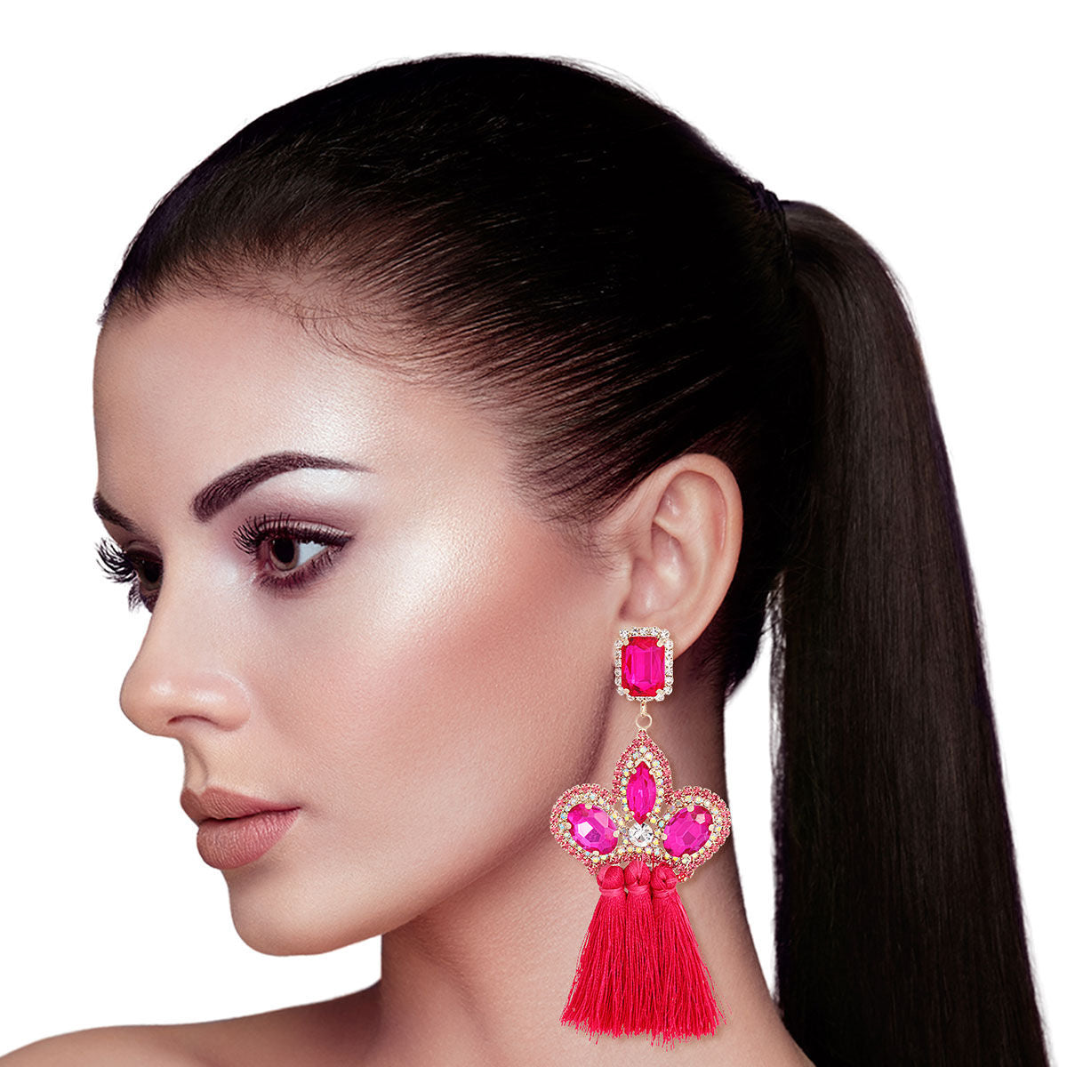 Statement Earrings Triple Tassel Stone in Fuchsia Stylish Fashion Jewelry