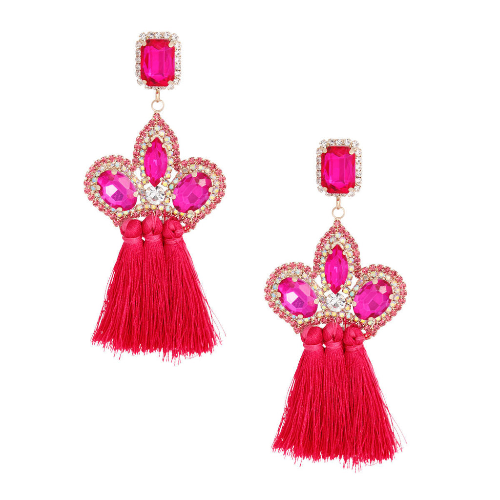 Statement Earrings Triple Tassel Stone in Fuchsia Stylish Fashion Jewelry