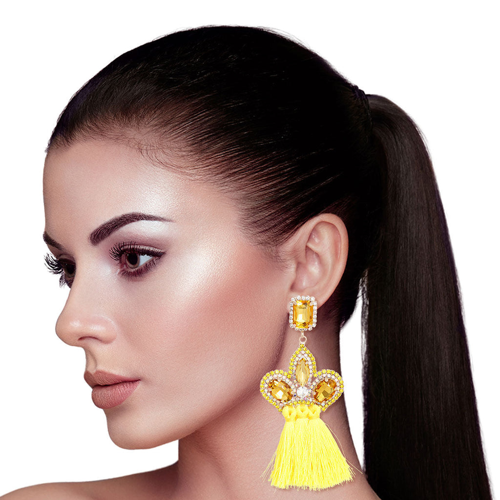 Statement Yellow Triple Tassel Stone Earrings Stylish Fashion Jewelry