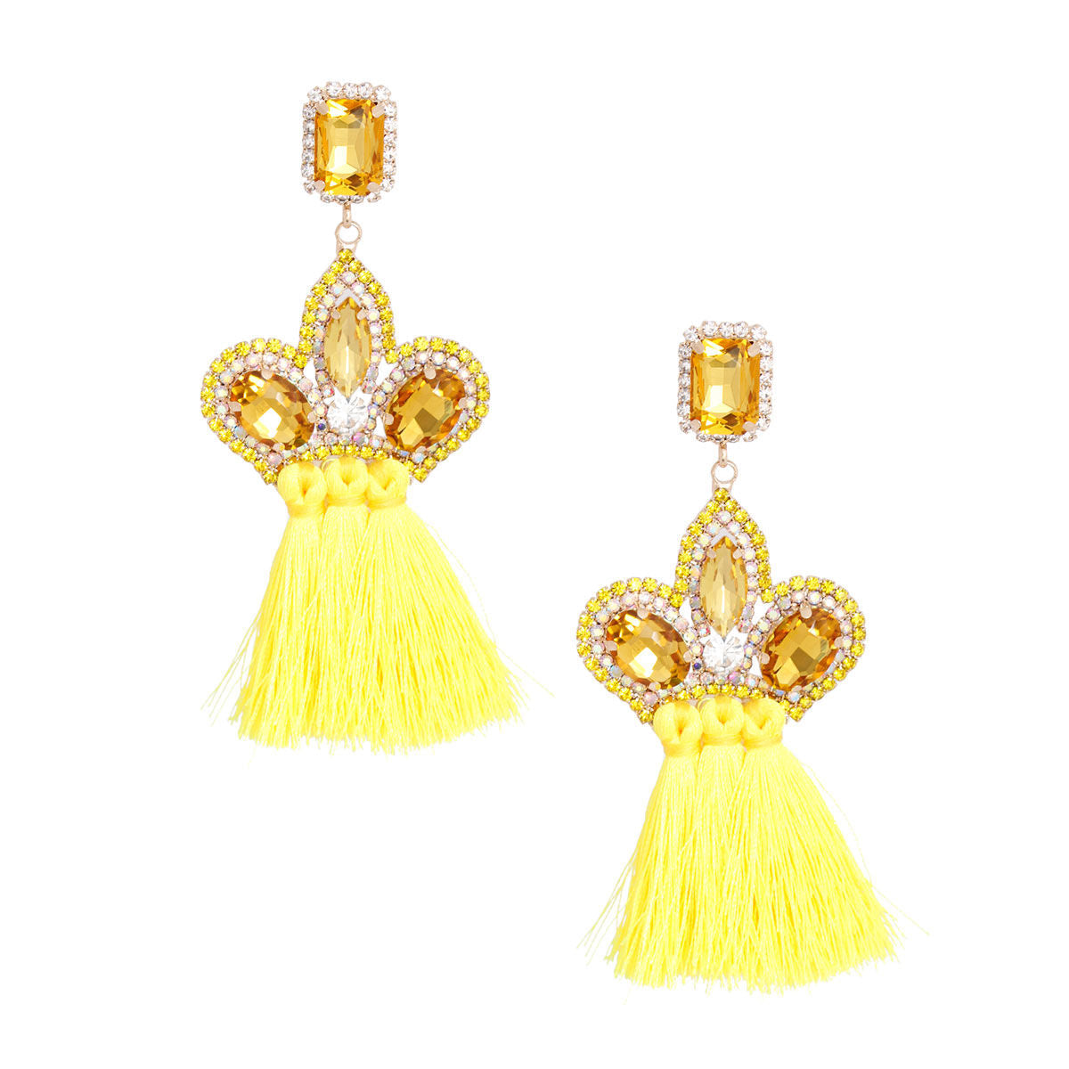 Statement Yellow Triple Tassel Stone Earrings Stylish Fashion Jewelry