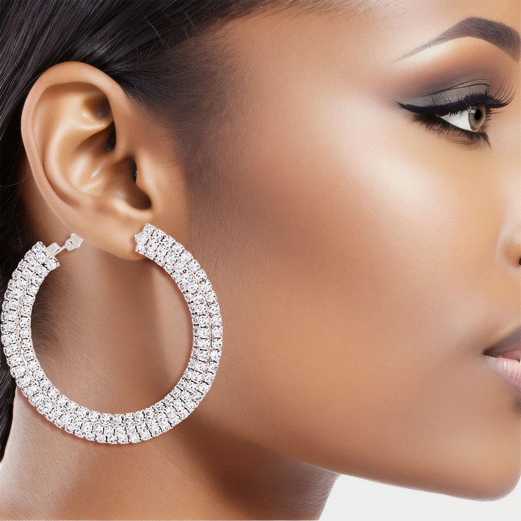 Statement Silver Stacked Pave 55mm Hoop Earrings Stylish Chic Jewelry