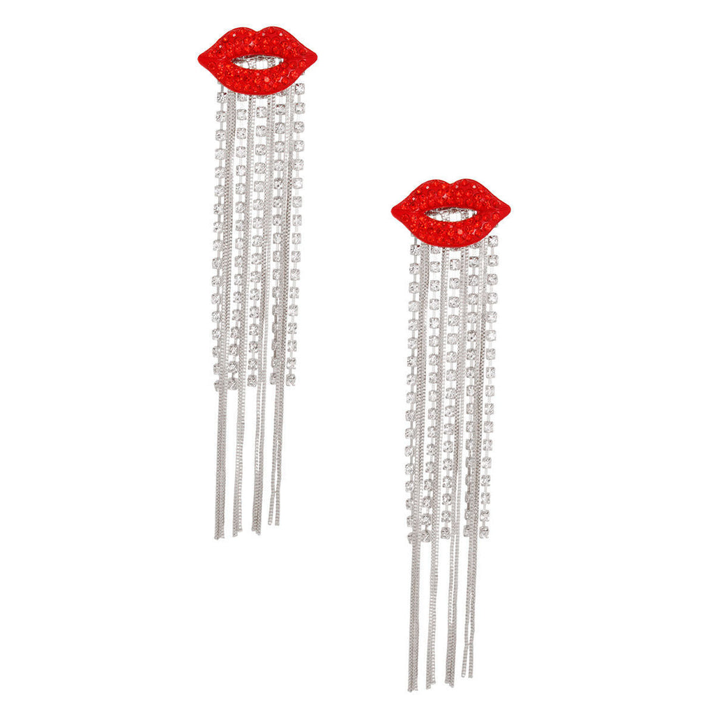 Statement Silver Lips Shoulder Duster Earrings Stylish Fashion Jewelry