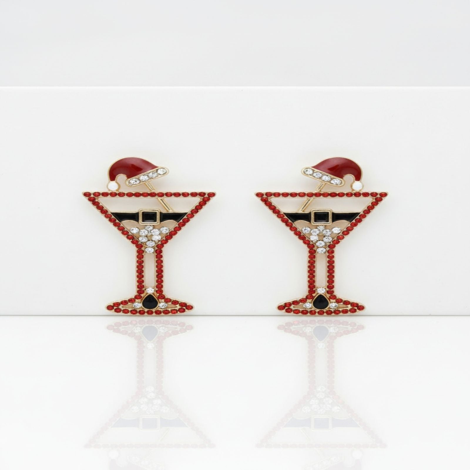 Stud Earrings Gold Tipsy Santa Red Martini Christmas Statement Jewelry