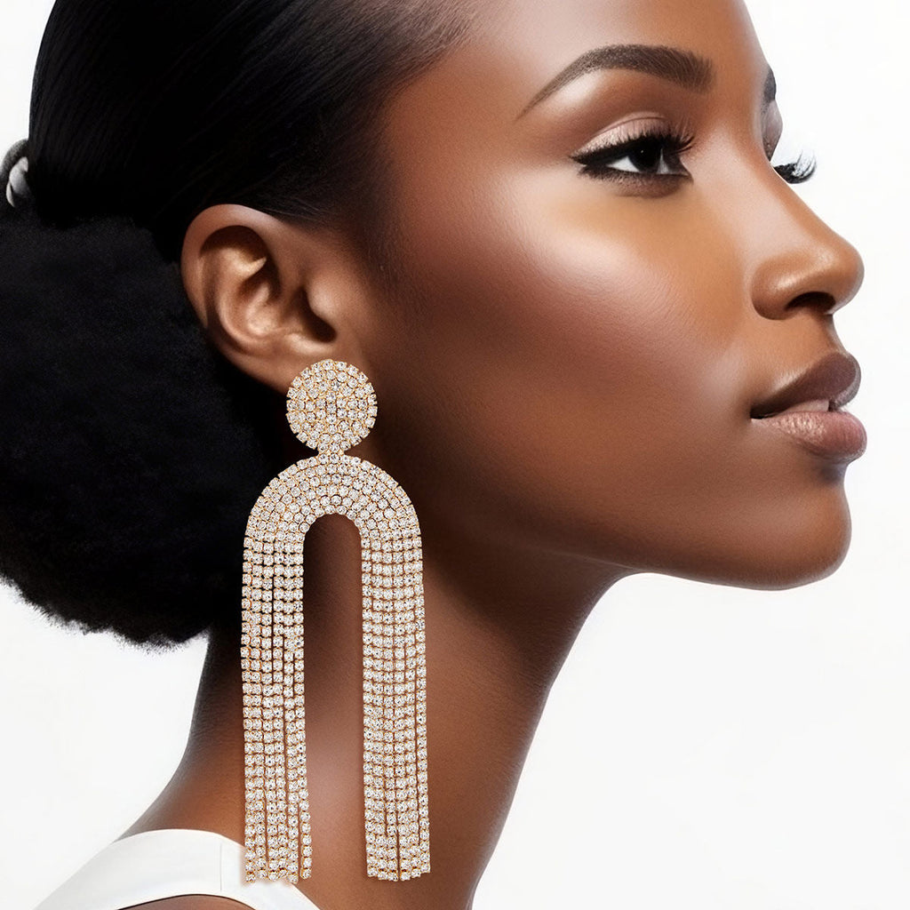 Long Arched Gold Pave Fringe Earrings for Women Stylish Statement Jewelry
