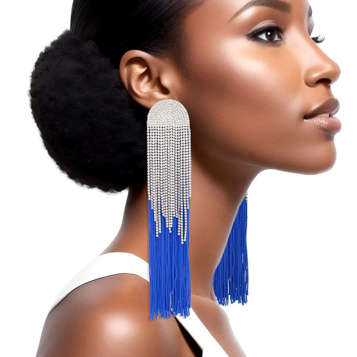 Long Royal Blue Tassel Fringe Statement Earrings for Women