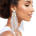 Women’s Tassel Feather Glass Earrings White Stylish Statement Jewelry