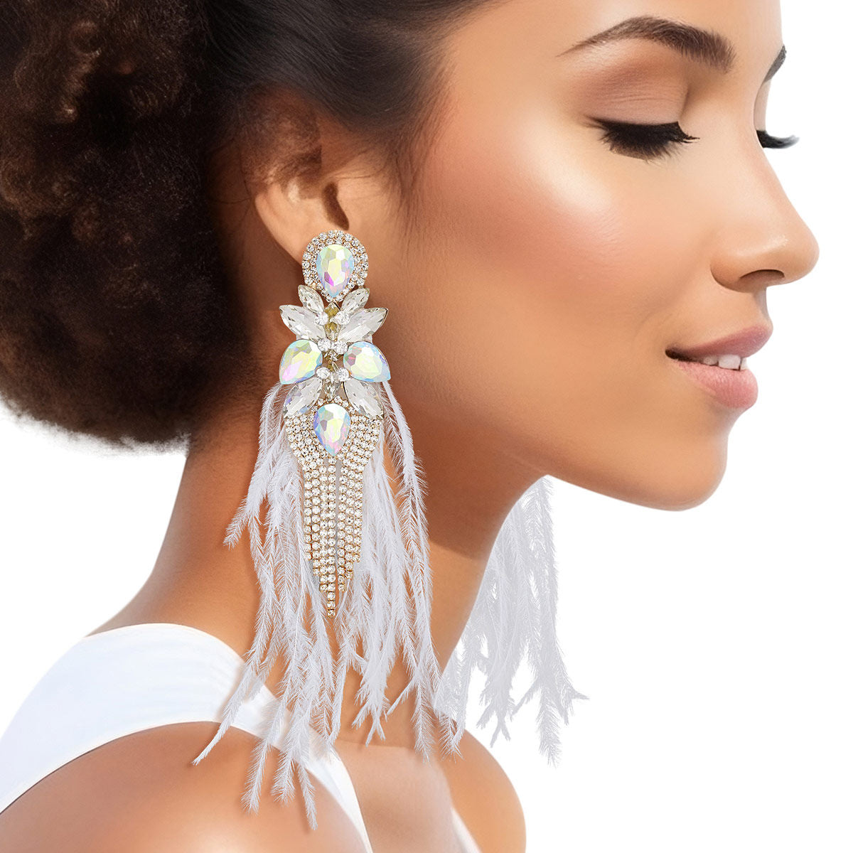 Women’s Tassel Feather Glass Earrings White Stylish Statement Jewelry