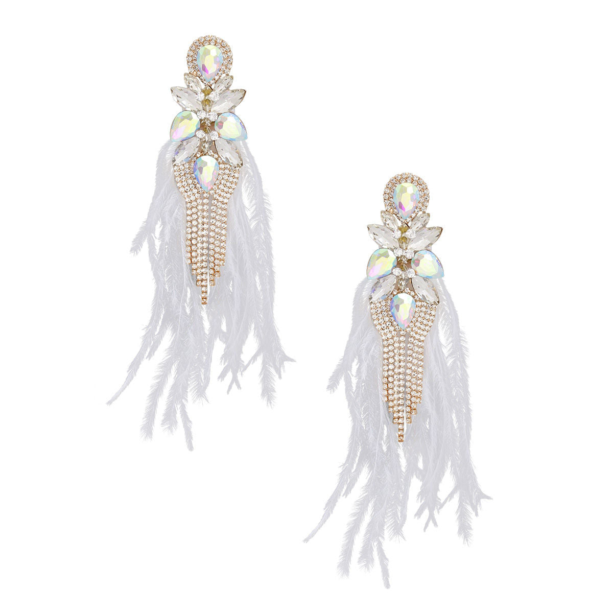 Women’s Tassel Feather Glass Earrings White Stylish Statement Jewelry
